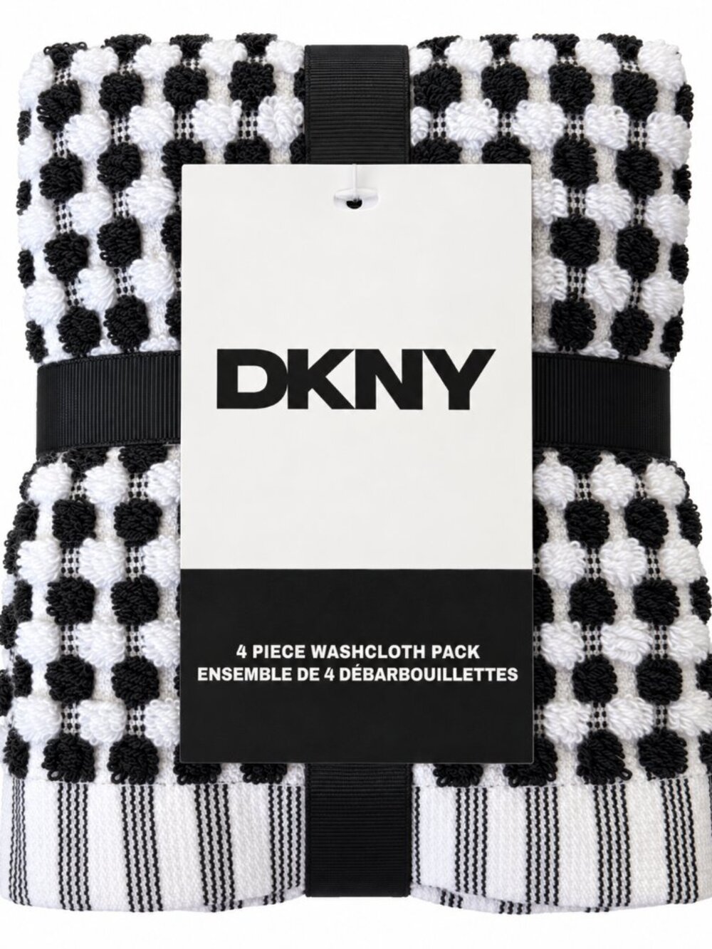 DKNY Facecloths Washcloths Set of 4 Black White Dots Check 100% Cotton Soft